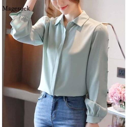 2020 Autumn New Women Turn-down Collar Solid Chiffon Blouse Cardigan Long Button Sleeve Loose Elegant Shirt Blusas Mujer 10882