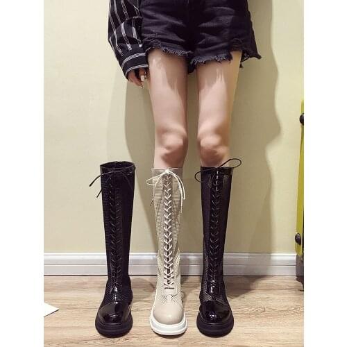 Womens over-the-knee boots 2020 autumn new fashion mid-heel zipper lace-up mesh breathable boots