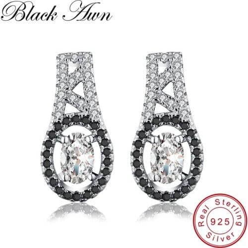 [BLACK AWN] Wedding Stud Earrings for Women Genuine 925 Sterling Silver Jewelry Black Spinel Stone Tower Earrings T067