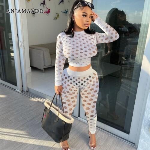 ANJAMANOR Sexy Hollow Out Hole Two Piece Set Women Top and Pants 2021 Fall Collection Club Outfits Wholesale Items D35-CI32