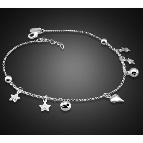 Fashion Cute Bell Heart Anklets 100% 925 Sterling Silver Women Summer Beach Barefoot Sandals Bracelet on the leg Foot Jewelry