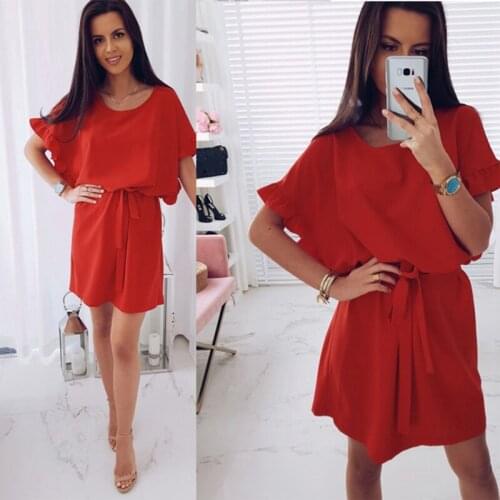 2021 Spring Summer Sexy Dress Women Short Sleeve Round Neck Red Pink Khaki Ruffles Dress Robe Femme