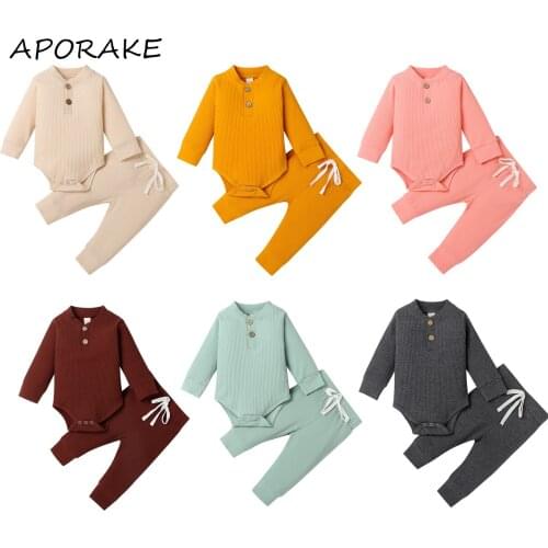 2020 0-24M Newborn Baby Clothing Knitting 2pcs Solid Clor Long Sleeve Romper+Lace-up Pants Long Trousers Autumn Boy Girl Set