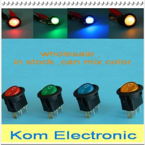 300pcs/lot 16A 12V LED Light Round Rocker ON OFF SPST Switch 3 Pins With LED High Bright led red blue yellow green