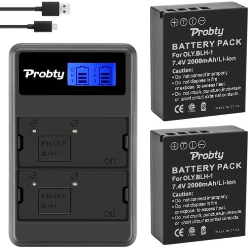 2PCS 2000mAh BLH-1 BLH1 Battery + LCD dual charger for Olympus BLH-1 and Olympus EM1 MARK II Camera black