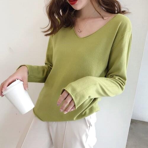 Spring V-Neck Basic Thin Womans Knit Sweater Loose Solid Casual Ladies Pullovers Long Sleeve Soft Knitted Jumpers for Female