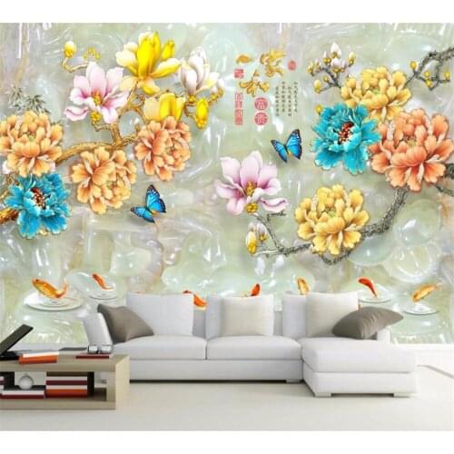 Beibehang Custom high-end wallpaper 3D fashion flower blooming tile marble nine fish rich TV background wall papel de parede
