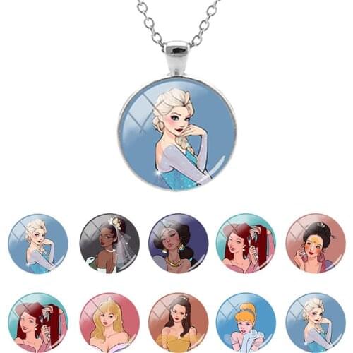 Disney Princess Pattern Best Friends 25mm Glass Dome Pendant Chain Necklace Girls Cabochon Jewelry Trendy Gifts Hot Sale DSY406