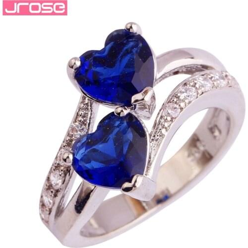 JROSE Wholesale Hot Heart Love Jewelry Blue & White CZ Silver Plated Ring Size 6 7 8 9 10 11 12 Fashion Women Gift Gorgeous