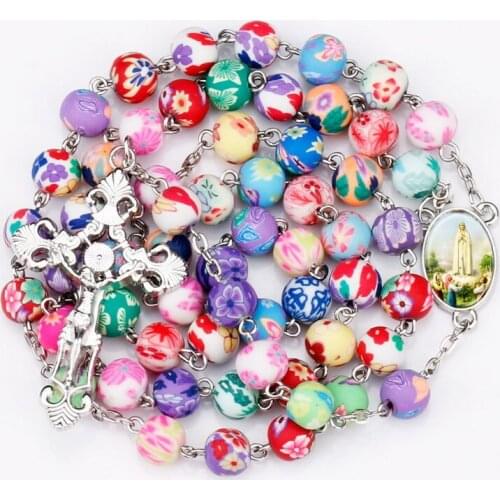 Colorful Polymer 8mm Clay Beads Catholic Rosary Necklace Statement Religious Crucifix Jesus Cross Necklace Jewelry