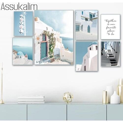 Nordic Poster Santorini Architecture Landscape Wall Art Canvas Painting Blue Ocean Wall Pictures For Living Room Decoration