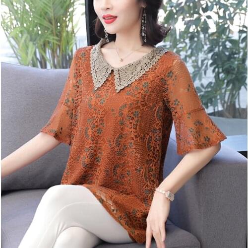 New Summer Middle Aaged Women Korean lace peter pan collar Blouse Tops Female Flower Print Fashion Loose Plus Size 4xl Shirt