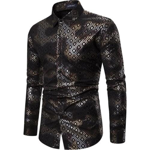 New casual mens long-sleeved shirt digital bronzing printing stretch shirt