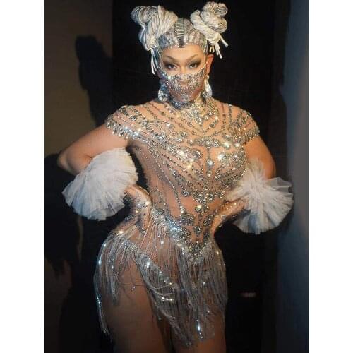 Silver Crystal Stone Prom Dress Nude Stretch Sequined Tassel Dress Birthday Celebrate Wear Singer Costume Nightclub Dance Outfit