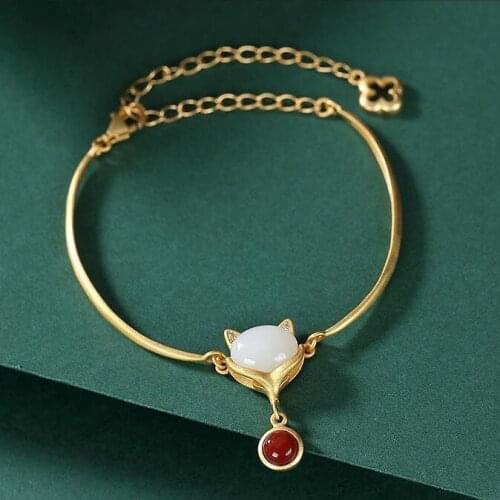 Natural Hetian Chalcedony Southern Enamel Fox Head Bracelet Chinese Retro Palace Charm Light Luxury Ladies Brand Jewelry
