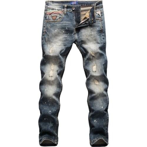 Ripped Jeans Wash Patchwork Men Italian Style Fashion Men Jeans Retro Punk Pants Destroyed Designer Hip Hop Jeans