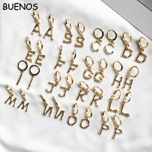 BUENOS Gold clear 26 Initial charm circle dangle drop earring letter Alphabet earrings small gold hoop earrings