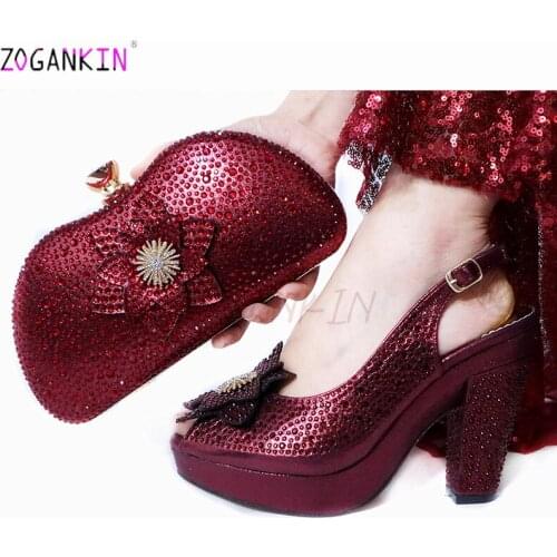 Wine Color INS Hot Selling Italian Women Shoes and Bag Set African Lady Shoes Matching Bag in Heels with Pllatform for Wedding