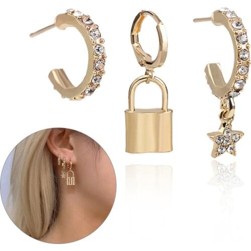 3pcs/set Stainless Steel Lock Earrings Padlock Pendant Dangle Loop Drop Earrings Men Women Gifts Jewelry Punk