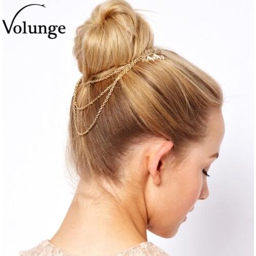 Women Fashion Gold Color Leaf Pattern Chain Tassel Comb Hair Bands Hair Accessories Simple Retro Metal Volunge Jewelry
