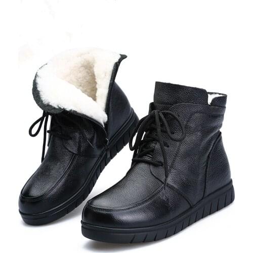 CS825 2019 Women Snow Boots Vintage 100% Genuine Leather Natural Wool Fur Winter Warm Ankle Boots For Women Flat Mother Shoes
