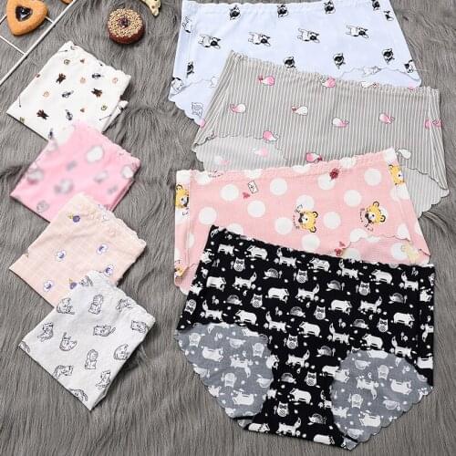 New Girl Ice Silk Seamless Panties for Women Cute Printing Mid-low Waist Underwear Female Cotton Crotch Panties Briefs