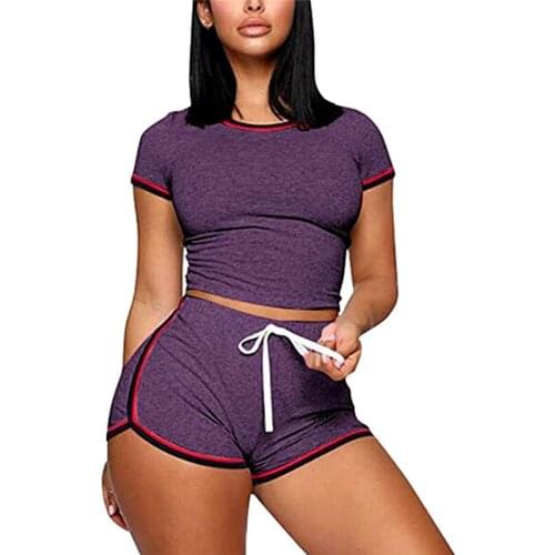 Women Short Sleeve Crop Top Drawstring Shorts Sport Fitness Female Slim Elastic Outfits Solid Tracksuit