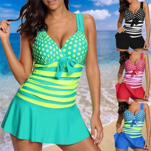 Fashion Women Polka Dot Tankini Sexy Wide Strap Two Piece Set Swimsuit Swimdress and Shorts Ladies Bikini Bathing Suit Plus Size