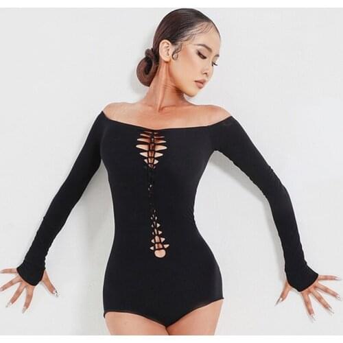 Sexy Latin Dance Clothes Women Off Shoulder Long Sleeves Practice Wear Ballroom Competition Wear Rumba Black Bodysuit DNV15241