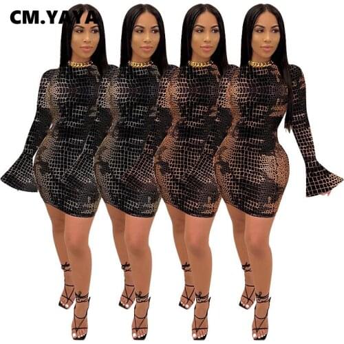 CM.YAYA Women Snake Printed Long Sleeve Bodycon Mini Dresses Silver Black Gold Black Tight Slim Clubwear Party Sexy Dress