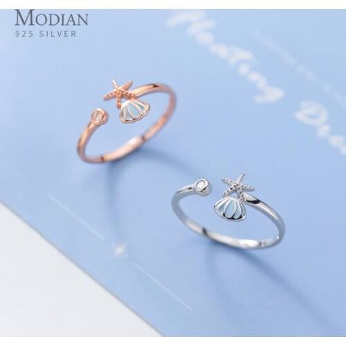 Modian Lovely Starfish Blue Shell Round Zircon 925 Sterling Silver Opening Finger Ring for Women Simple Ring Party Fine Jewelry