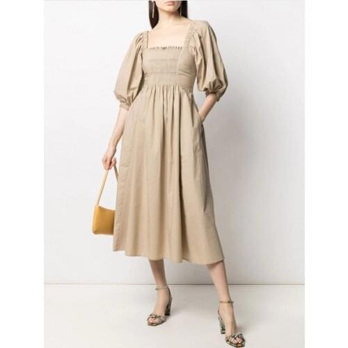 Special Elastic Top Summer Dress Vintage Pleated Square Collar Khaki High Quality Dresses For Women Elegant Lantern Sleeve Dress