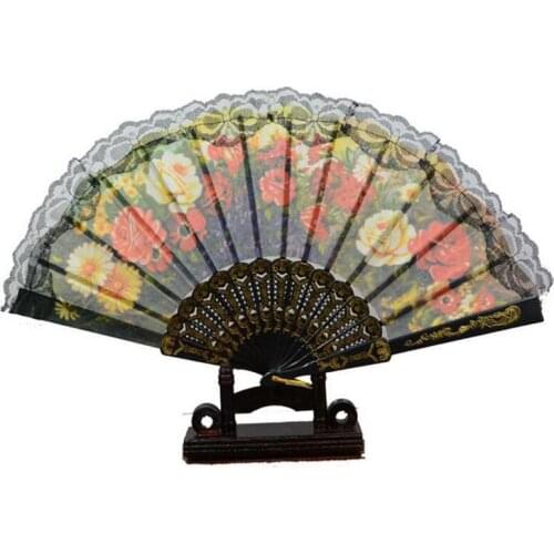 100pcs Black Spanish Style Lace Flower Pattern Cloth Dance Props Party Gift Wedding Lace Silk Folding Hand Held Flower Fan gifts