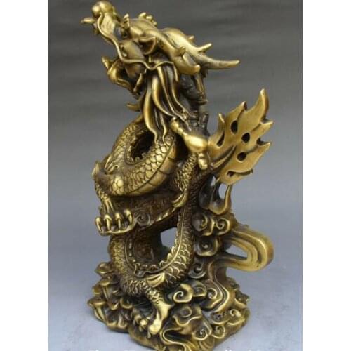 12" Chinese Pure Bronze Fengshui Zodiac Year Dragon Loong Dragons Animal Statue