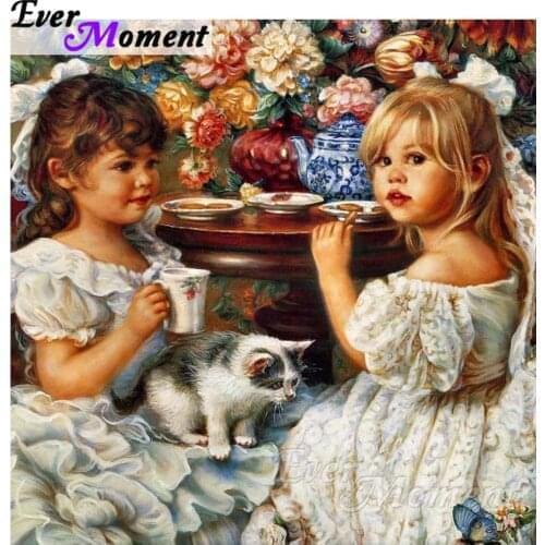 Ever Moment 5D DIY Diamond Painting Cross Stitch Girl Cat Flower Vase Mosaic Full Square Drills Rhinestone Artwork ASF1172