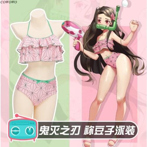Anime! Demon Slayer: Kimetsu no Yaiba Kamado Nezuko Lovely Swimsuit Uniform Cosplay Costume Summer Pool Party Suit For Women
