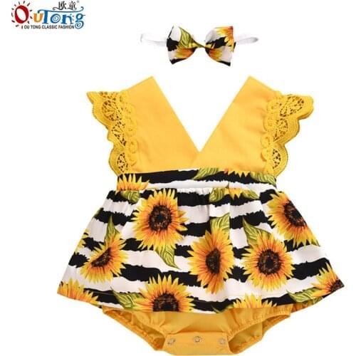Outong Summer Baby Girl Clothes Sunflower Print Dress Cotton V-Neck Infant Romper Lace Ruffle Sleeve Newborn Jumpsuit For Kids