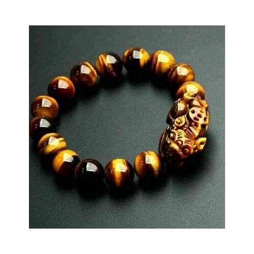 Feng Shui 12mm Yellow Tigers Eye Stone Pi Yao /Pi Xiu Bracelet For Wealth Luck