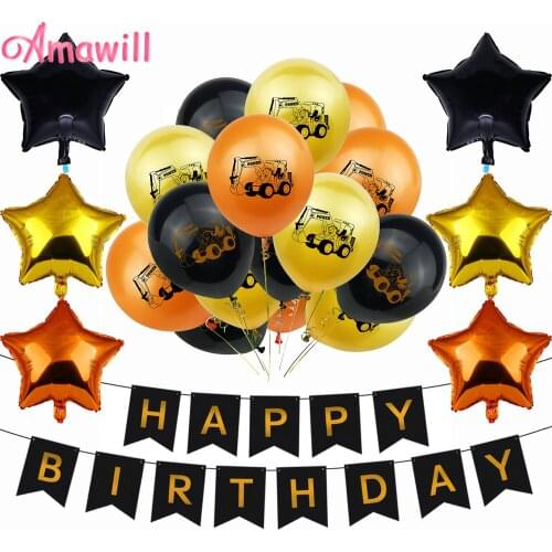 Amawill Construction Tractor Theme Excavator Helium Balloons Happy Birthday Banner Baby Shower Kids Birthday Party Supplies 7D
