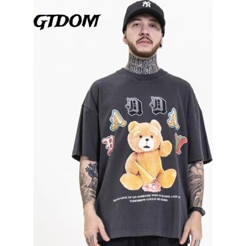 GTDOM Man Summer 2021 New Loose T-Shirt Cotton Hip Hop Fashion Cartoon Doll Bear Short Sleeve O-Neck Casual Oversize Tees