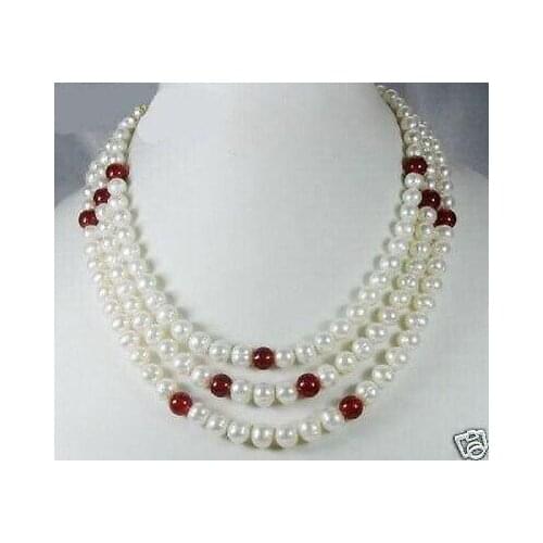 Exquisite 3Rows 7-8mm White Akoya Pearl and Red Ruby Necklace
