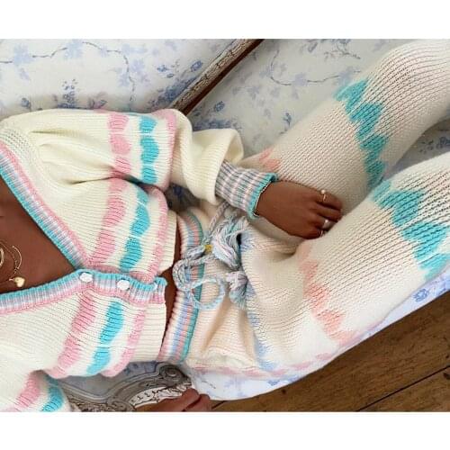 Jastie 2021 Fashion Autumn Winter Women Hit Color Heart Pattern Knit Pants Female Drawstring Waist Casual Long Trousers Pantalon