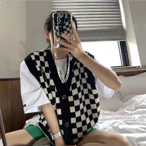 Chessboard Cardigan Knitted Vest Women Korean Style Single Breasted Knitted Garment Loose Plaid Sweater Vest Sleeveless Casual