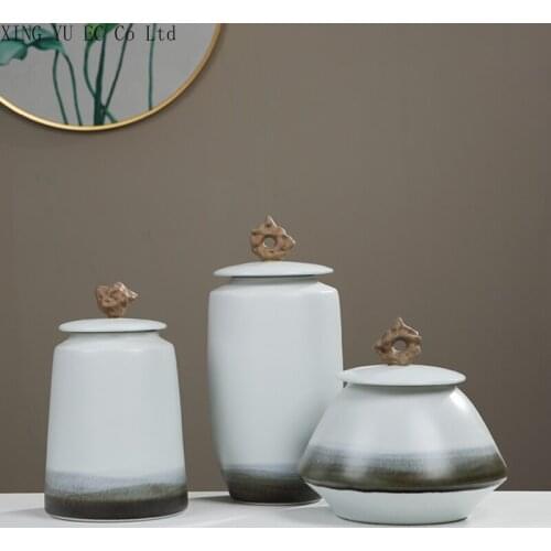 Chinese Ceramic Vase Decoration Creative Modern Dried Flower Simulation Flower Crafts Storage Jar with Lid Home Decoration