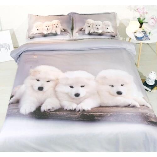 Royal Linen Source Brand 3 Parts Per Set White Samoyed Puppies cuddling 3d animal bedding set Coverlet Set