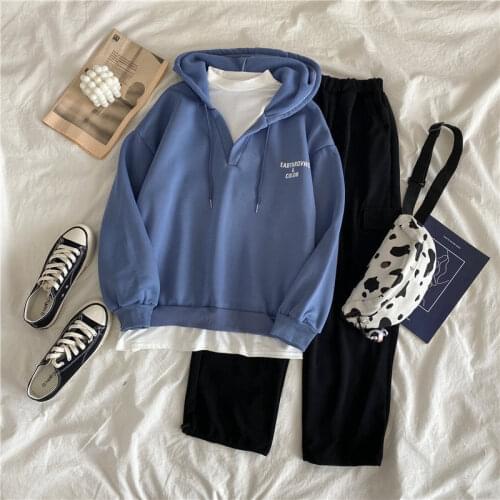 2020 autumn and winter new plus velvet sweater suit student Korean version loose thick leisure sports two-piece suit