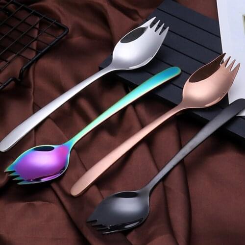 5 Colors Spoon Fork Long Handle Salad Spoon Reusable Stainless Steel Spork Gold Dessert Spoons Outdoor Picnic Dinnerware