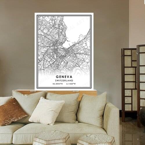Minimalist GENEVA City Map Wall Art Canvas Painting Poster Print Black and White Wall Decor
