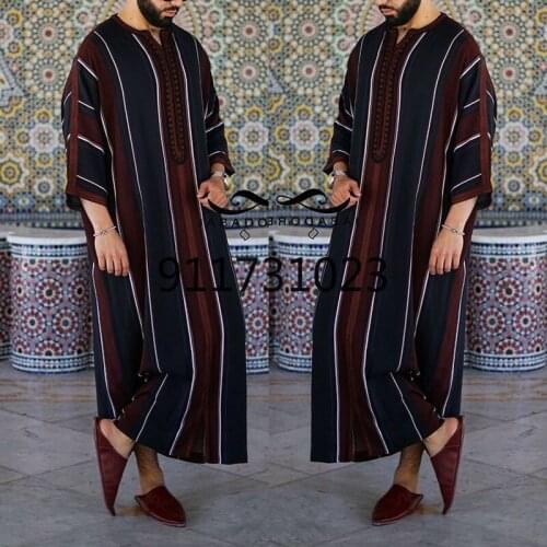 Muslim Fashion Dubai Abaya Men Red Blue Stripes Casual Spring Summer Mens Clothing Loose Youth Fashion Robe Shirt Qamis Man