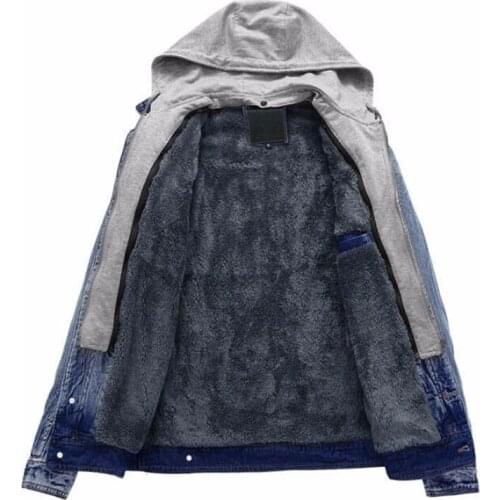Fleece Lined Winter Thick Warm Washed Vintage Male Denim Jacket Men Hooded Jeans Coat Black Grey Blue